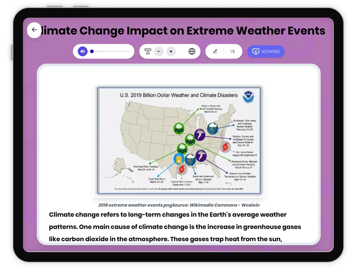Interactive — Reading Comprehension preview: Climate Change Impact on Extreme Weather Events covering  standards - Page 1 of 1