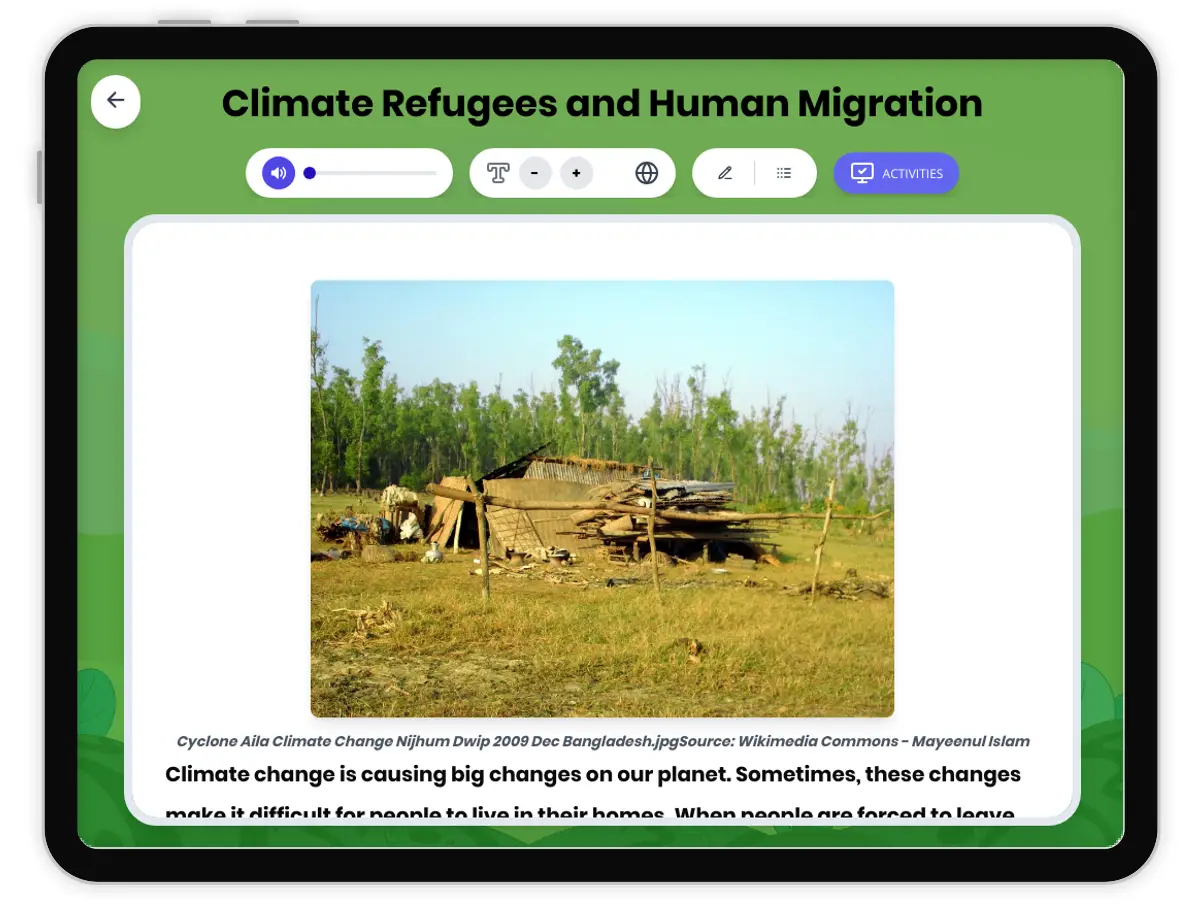 Interactive — Reading Comprehension preview: Climate Refugees and Human Migration covering  standards - Page 1 of 1