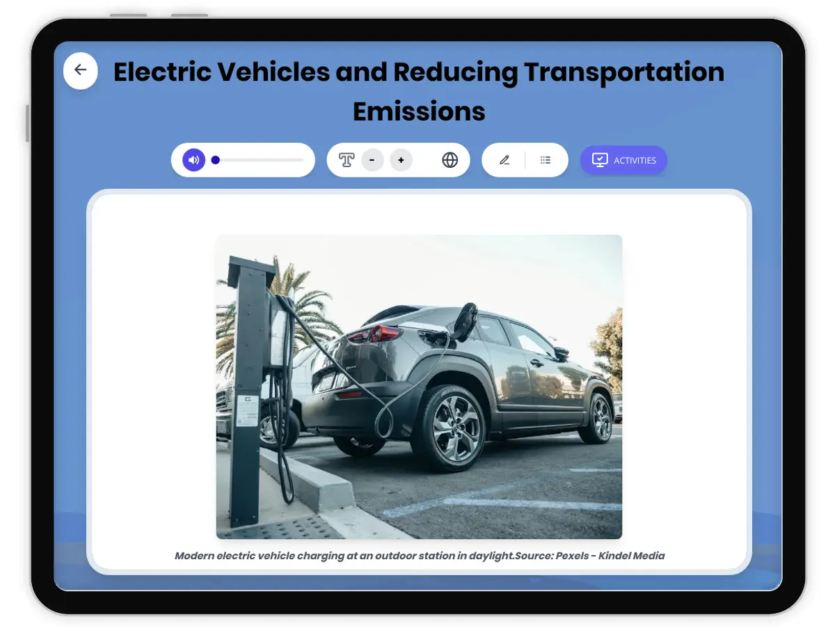 Interactive — Reading Comprehension preview: Electric Vehicles and Reducing Transportation Emissions covering  standards - Page 1 of 1