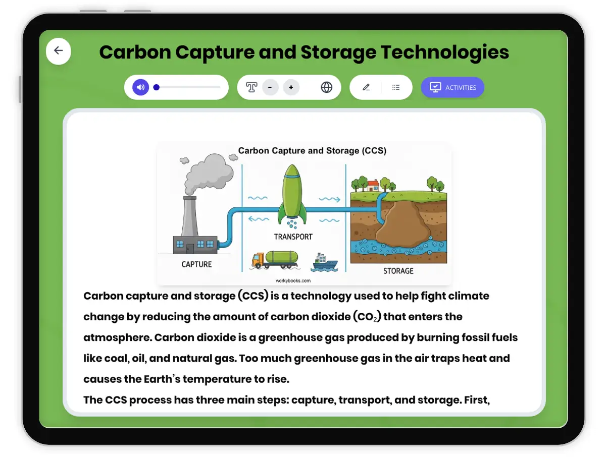 Interactive — Reading Comprehension preview: Carbon Capture and Storage Technologies covering  standards - Page 1 of 1