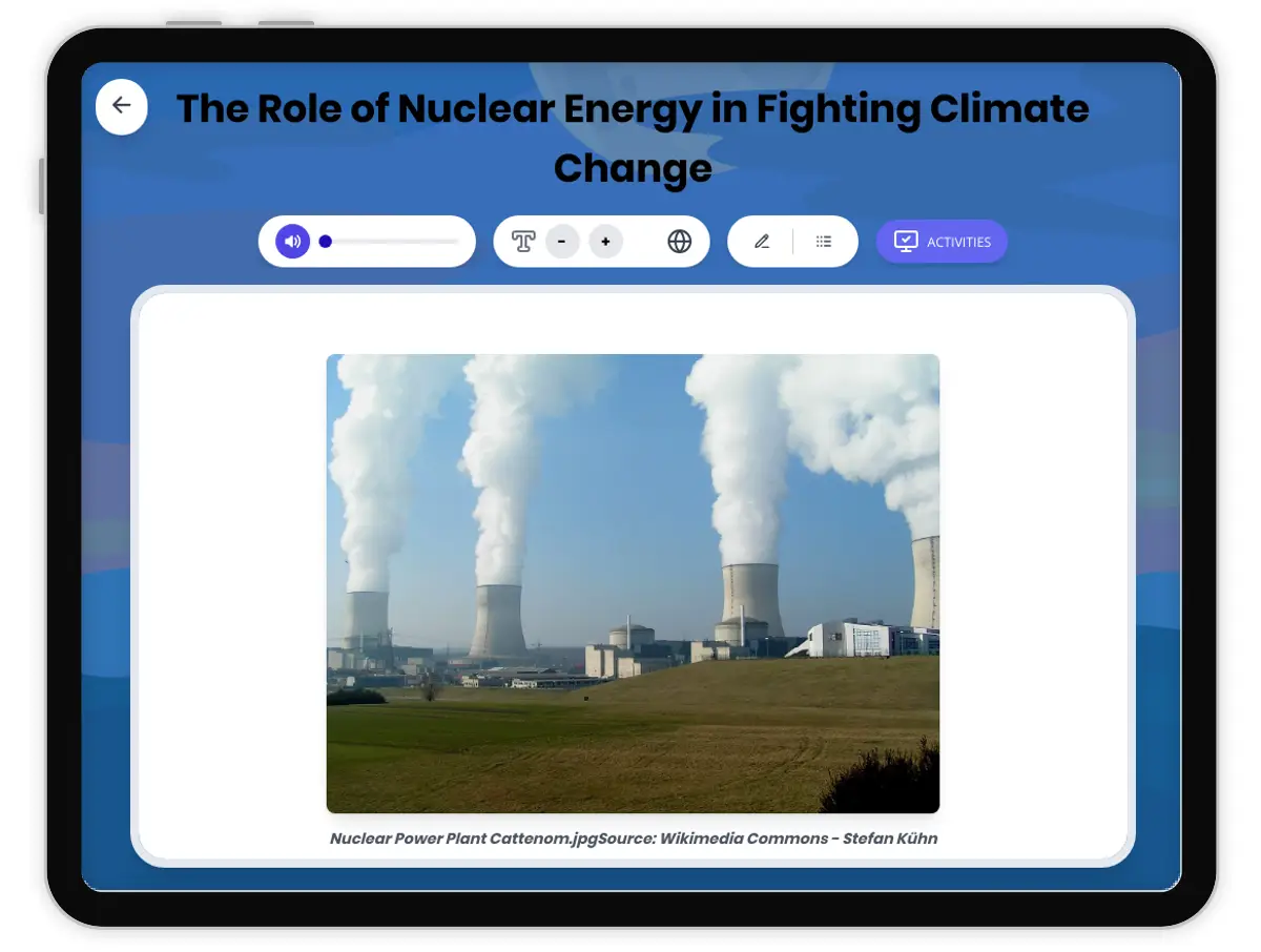 Interactive — Reading Comprehension preview: The Role of Nuclear Energy in Fighting Climate Change covering  standards - Page 1 of 1