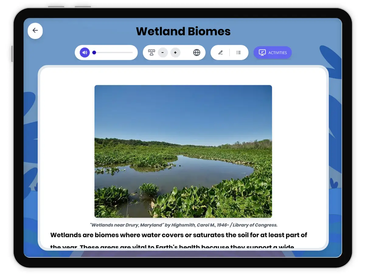 Interactive — Reading Comprehension preview: Wetland Biomes covering MS-LS2-1 standards - Page 1 of 1