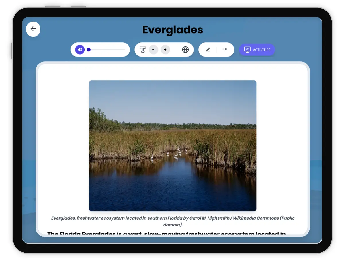 Interactive — Reading Comprehension preview: Florida Everglades covering MS-LS2-1, MS-LS2-4, MS-ESS3-3, MS-ESS3-4 standards - Page 1 of 1