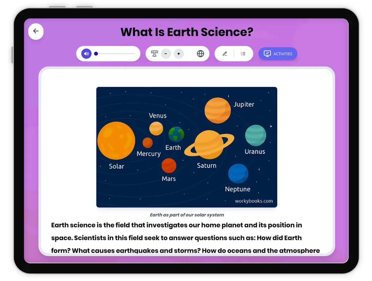 Interactive — Reading Comprehension preview: What Is Earth Science? covering MS-ESS1, MS-ESS2, MS-ESS3, SEP standards - Page 1 of 1
