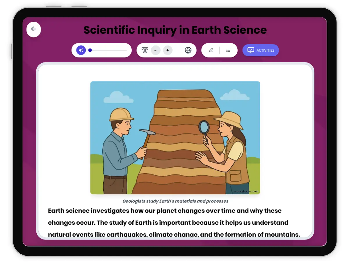 Interactive — Reading Comprehension preview: Scientific Inquiry in Earth Science covering MS-ESS1-4, MS-ESS2-1, MS-ESS3-5, SEP standards - Page 1 of 1