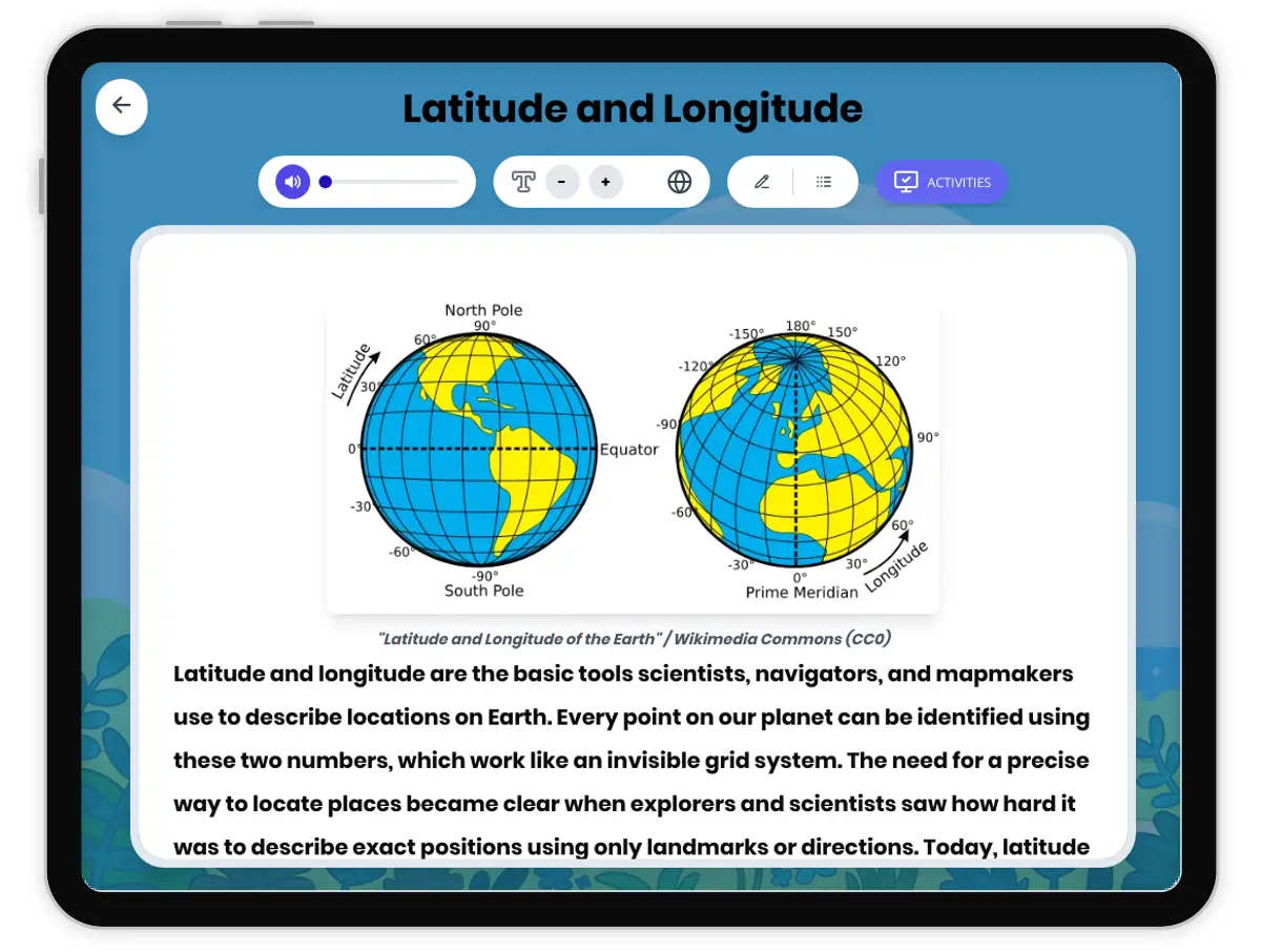 Interactive — Reading Comprehension preview: Latitude and Longitude covering MS-ESS2-2 standards - Page 1 of 1