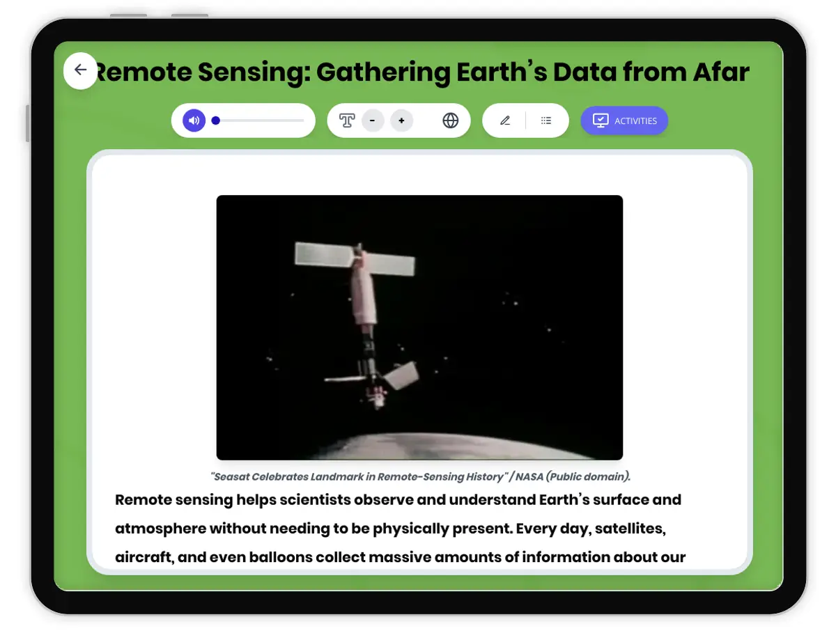 Interactive — Reading Comprehension preview: Remote Sensing covering MS-ESS3-3, MS-PS4-2, MS-ETS1-1, MS-ETS1-3, MS-PS4-1 standards - Page 1 of 1