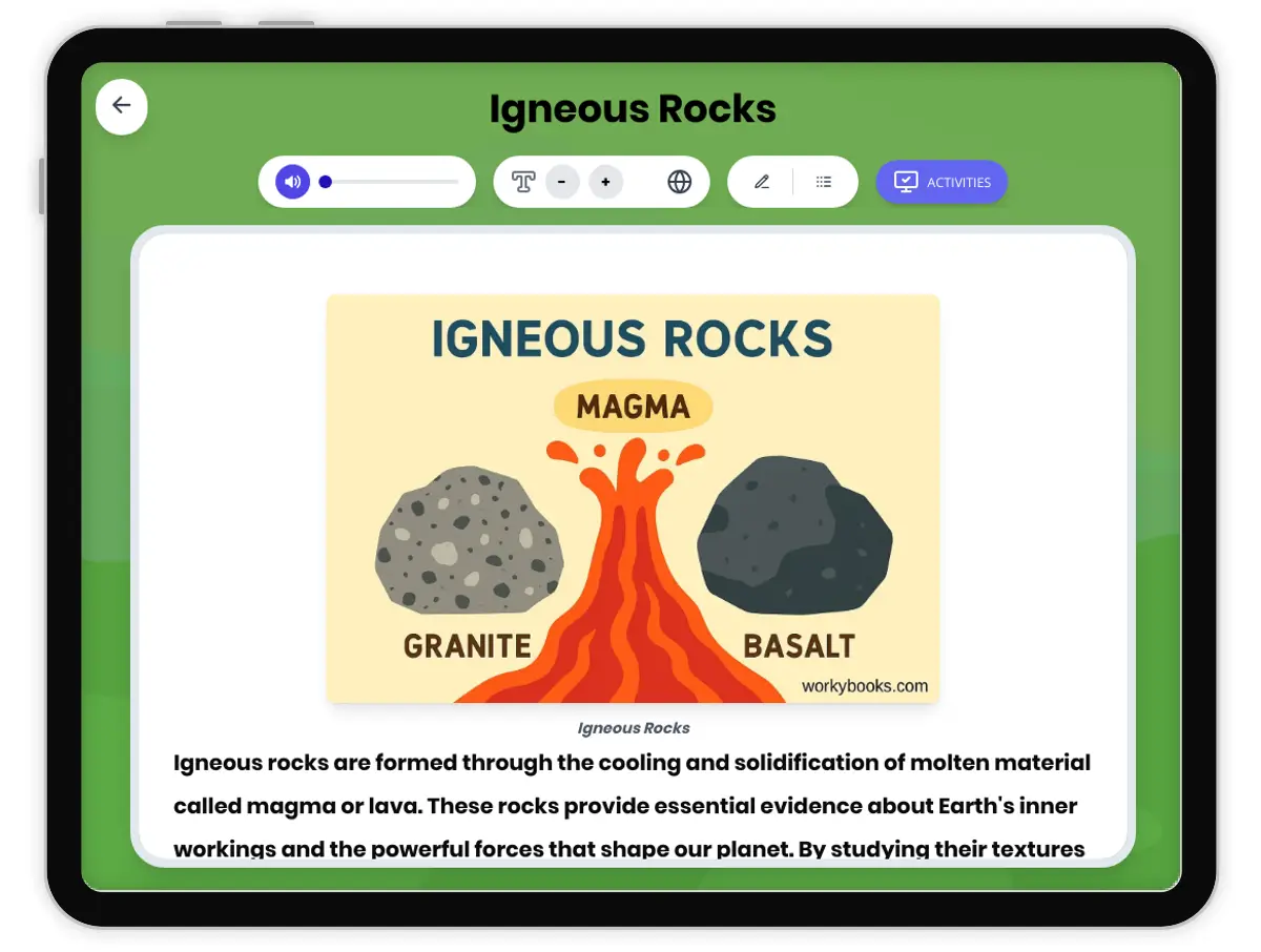 Interactive — Reading Comprehension preview: Igneous Rocks covering MS-ESS2-1, MS-ESS3-1 standards - Page 1 of 1