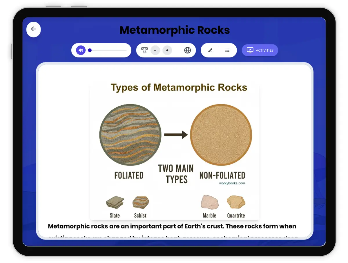 Interactive — Reading Comprehension preview: Metamorphic Rocks covering MS-ESS2-1, MS-ESS3-1 standards - Page 1 of 1