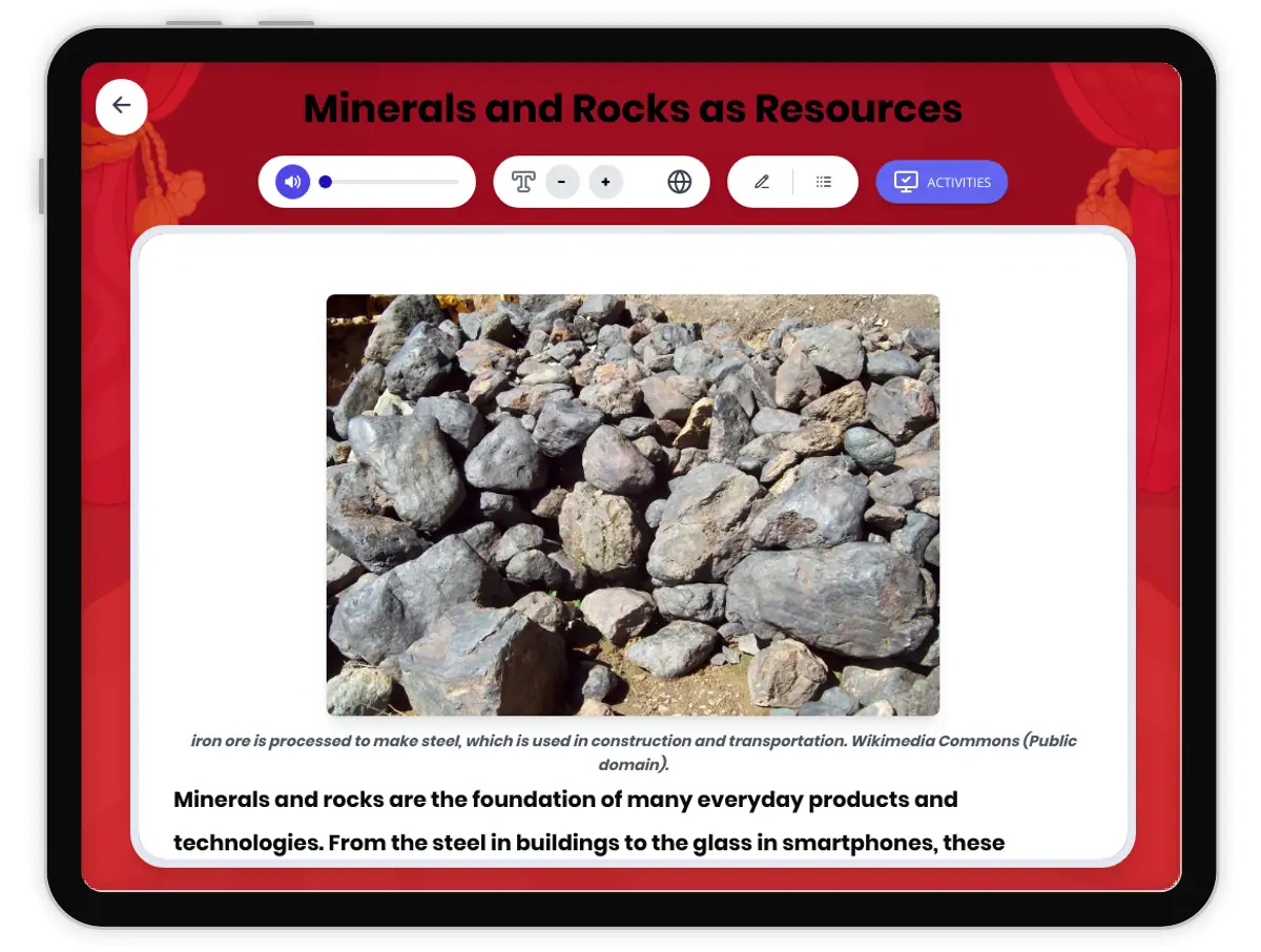 Interactive — Reading Comprehension preview: Minerals and Rocks as Resources covering MS-ESS3-1, MS-ESS3-4 standards - Page 1 of 1