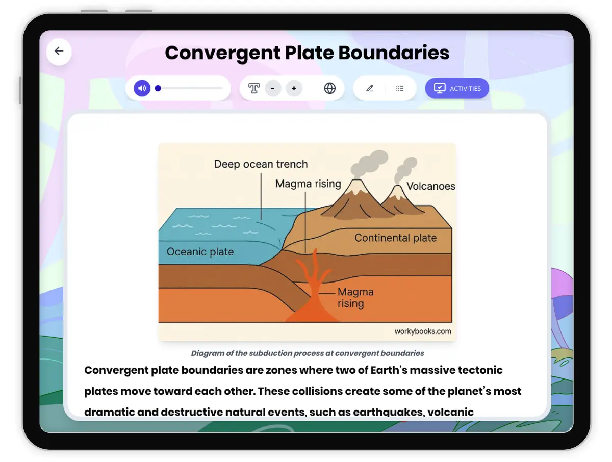 Interactive — Reading Comprehension preview: Convergent Plate Boundaries covering MS-ESS2-2 standards - Page 1 of 1