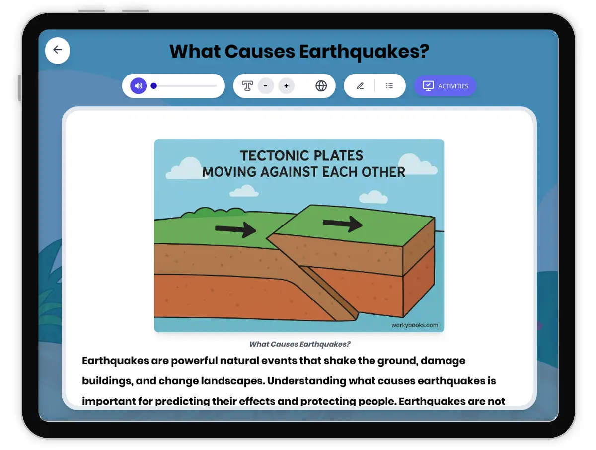 Interactive — Reading Comprehension preview: What Causes Earthquakes? covering MS-ESS2-2, MS-ESS3-2 standards - Page 1 of 1