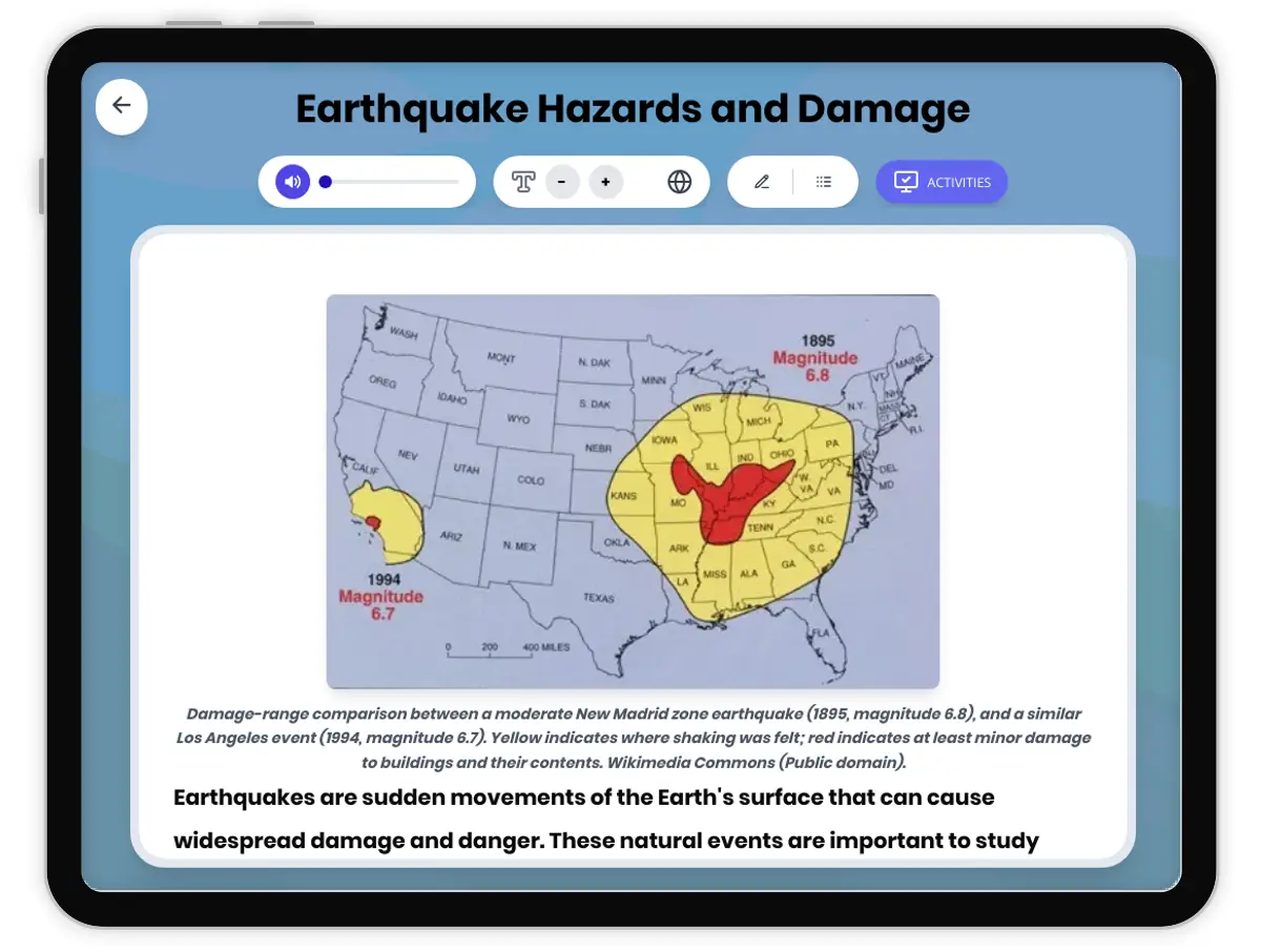 Interactive — Reading Comprehension preview: Earthquake Hazards and Damage covering MS-ESS3-2 standards - Page 1 of 1