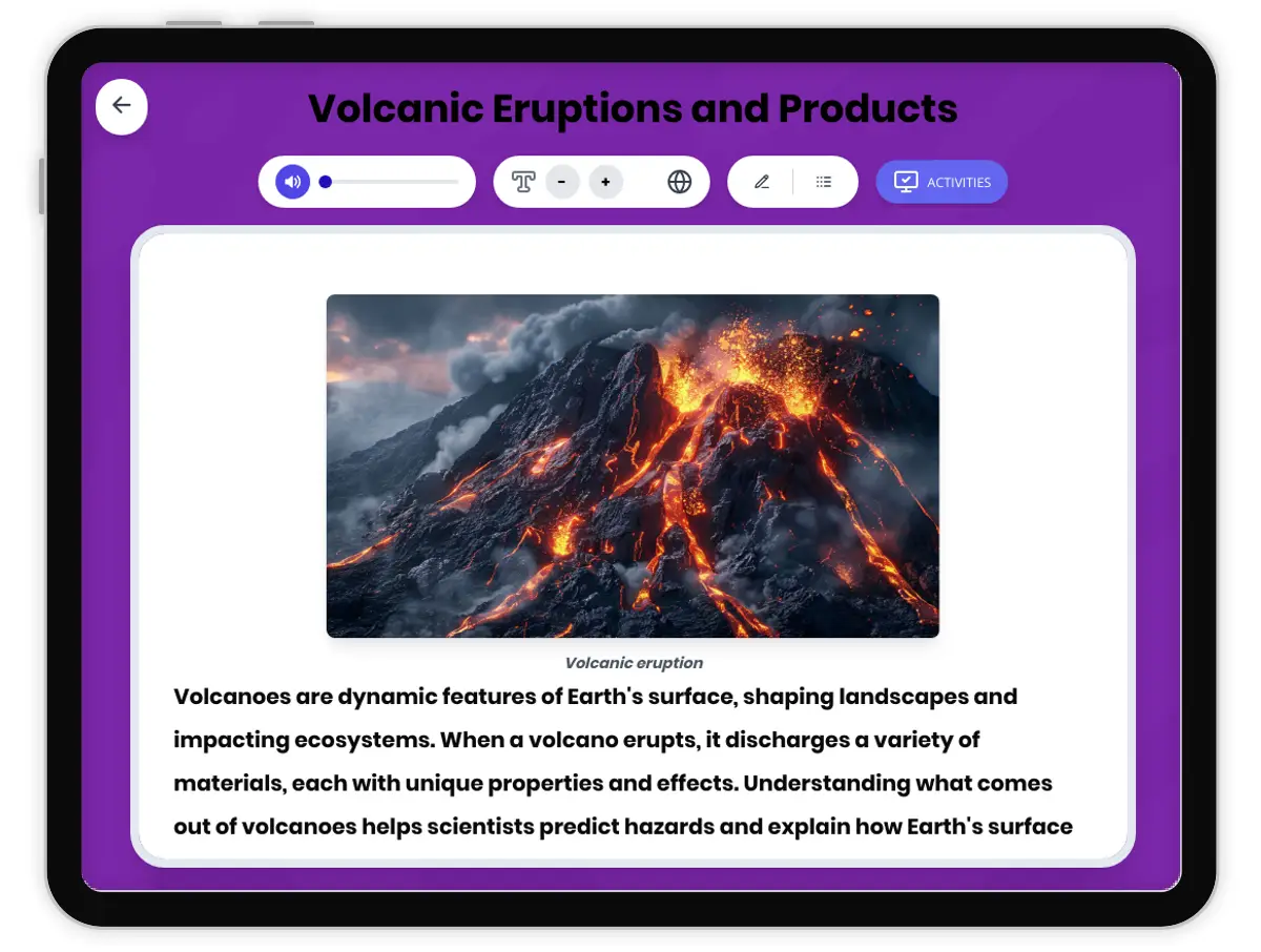 Interactive — Reading Comprehension preview: Volcanic Eruptions and Products covering MS-ESS2-2, MS-ESS3-2 standards - Page 1 of 1