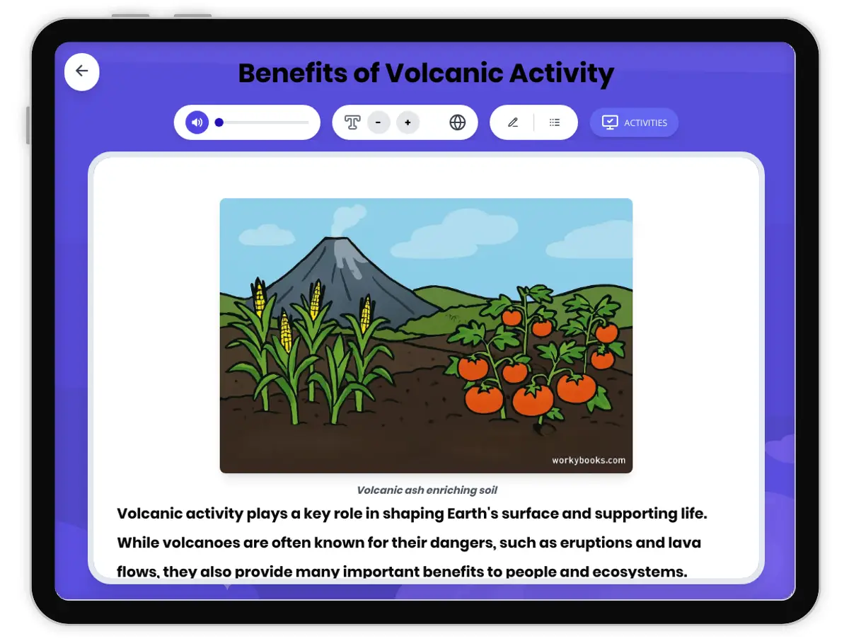 Interactive — Reading Comprehension preview: Benefits of Volcanic Activity covering MS-ESS2-2, MS-ESS3-1 standards - Page 1 of 1