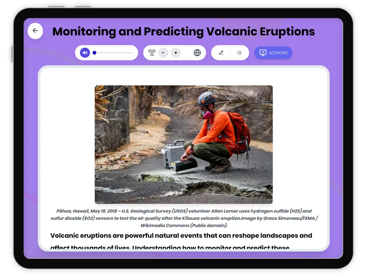 Interactive — Reading Comprehension preview: Monitoring and Predicting Volcanic Eruptions covering MS-ESS3-2 standards - Page 1 of 1