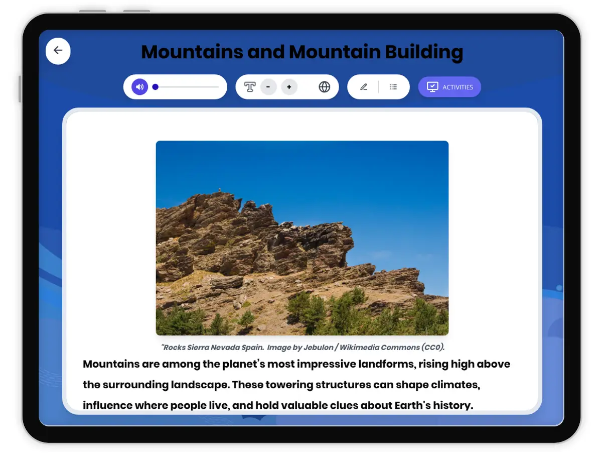 Interactive — Reading Comprehension preview: Mountains and Mountain Building covering MS-ESS2-1, MS-ESS2-2 standards - Page 1 of 1