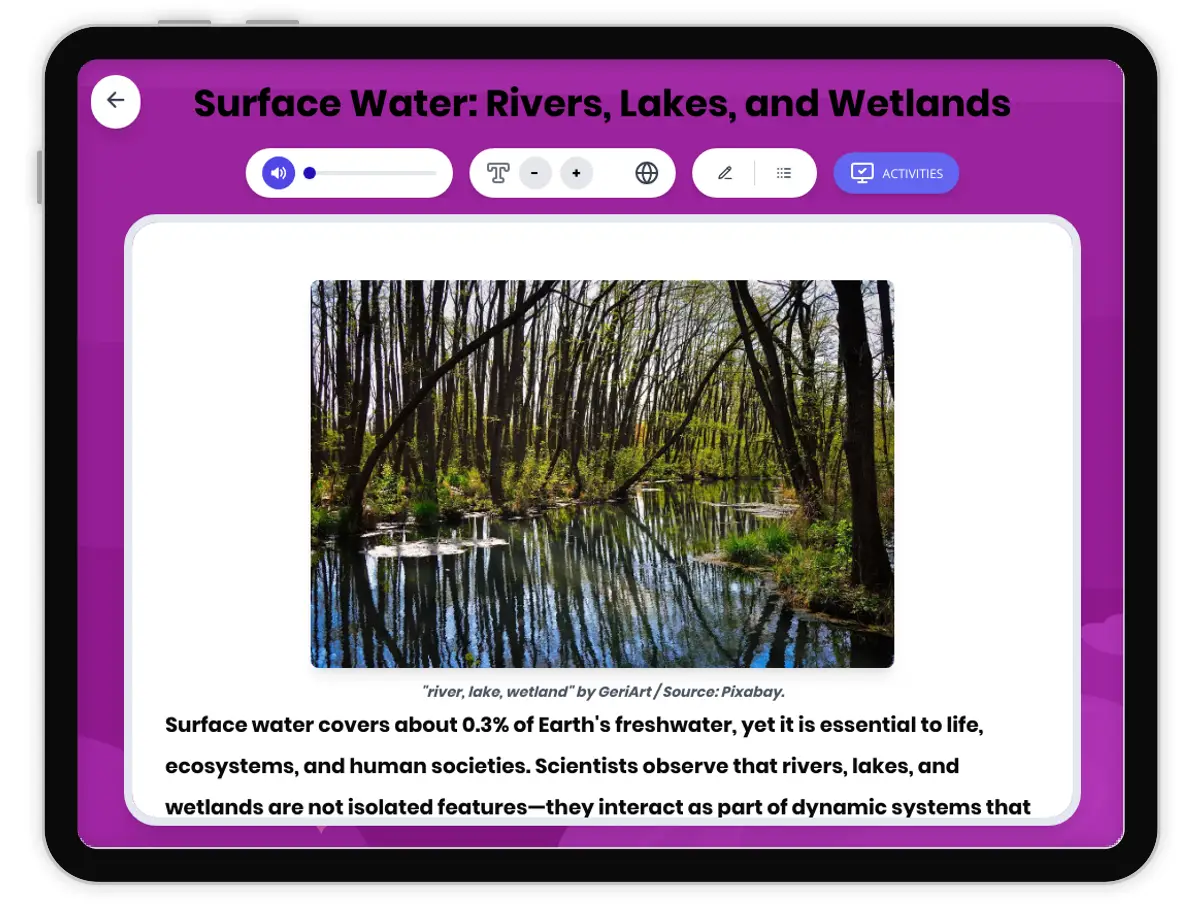 Interactive — Reading Comprehension preview: Surface Water: Rivers, Lakes, and Wetlands covering MS-ESS2-4 standards - Page 1 of 1