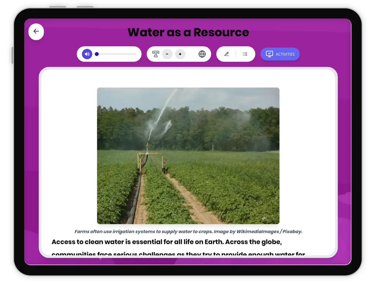 Interactive — Reading Comprehension preview: Water as a Resource covering MS-ESS3-1, MS-ESS3-4 standards - Page 1 of 1