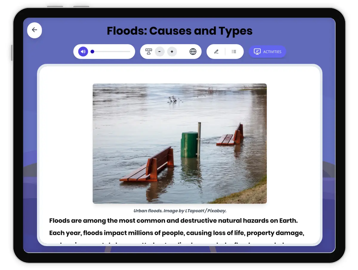 Interactive — Reading Comprehension preview: Floods: Causes and Types covering MS-ESS3-2 standards - Page 1 of 1