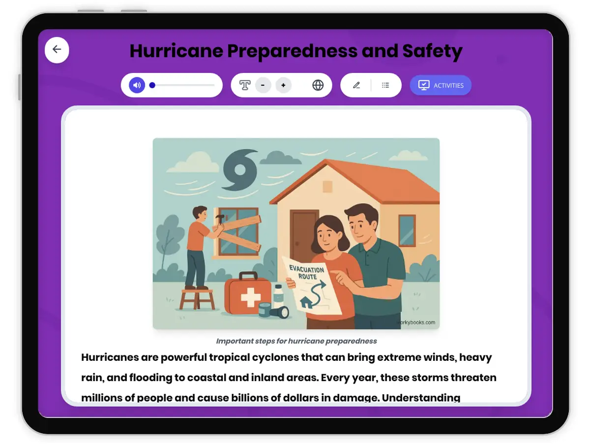 Interactive — Reading Comprehension preview: Hurricane Preparedness and Safety covering MS-ESS3-2, MS-ETS1-1 standards - Page 1 of 1