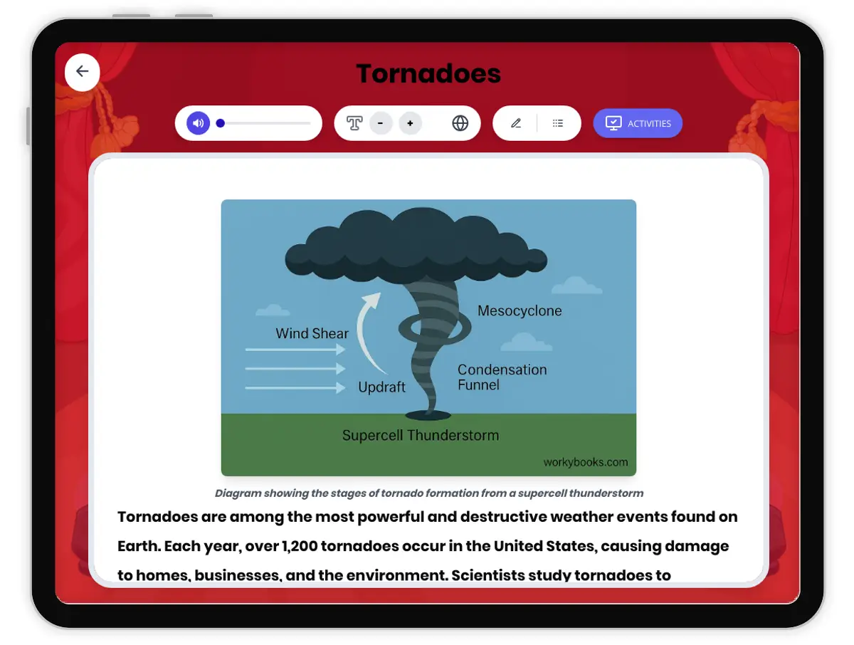 Interactive — Reading Comprehension preview: Tornadoes covering MS-ESS3-2, MS-ESS2-5 standards - Page 1 of 1