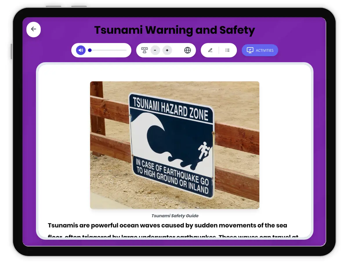 Interactive — Reading Comprehension preview: Tsunami Warning and Safety covering MS-ESS3-2 standards - Page 1 of 1