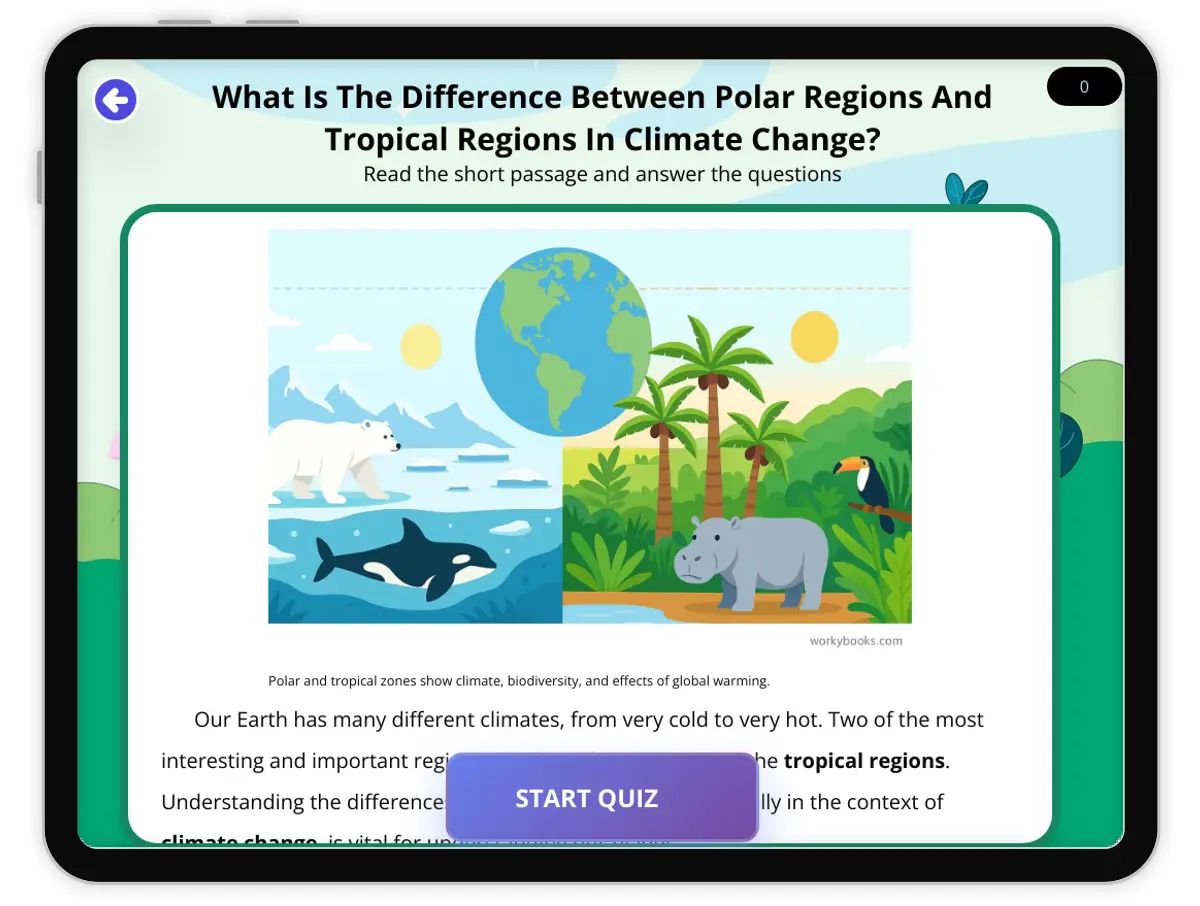 Interactive — Reading Comprehension preview: What Is The Difference Between Polar Regions And Tropical Regions In Climate Change? covering  standards - Page 1 of 1