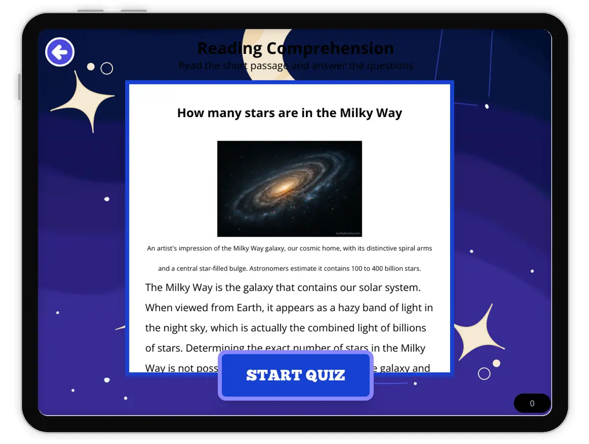 Interactive — Reading Comprehension preview: How many stars are in the Milky Way covering  standards - Page 1 of null