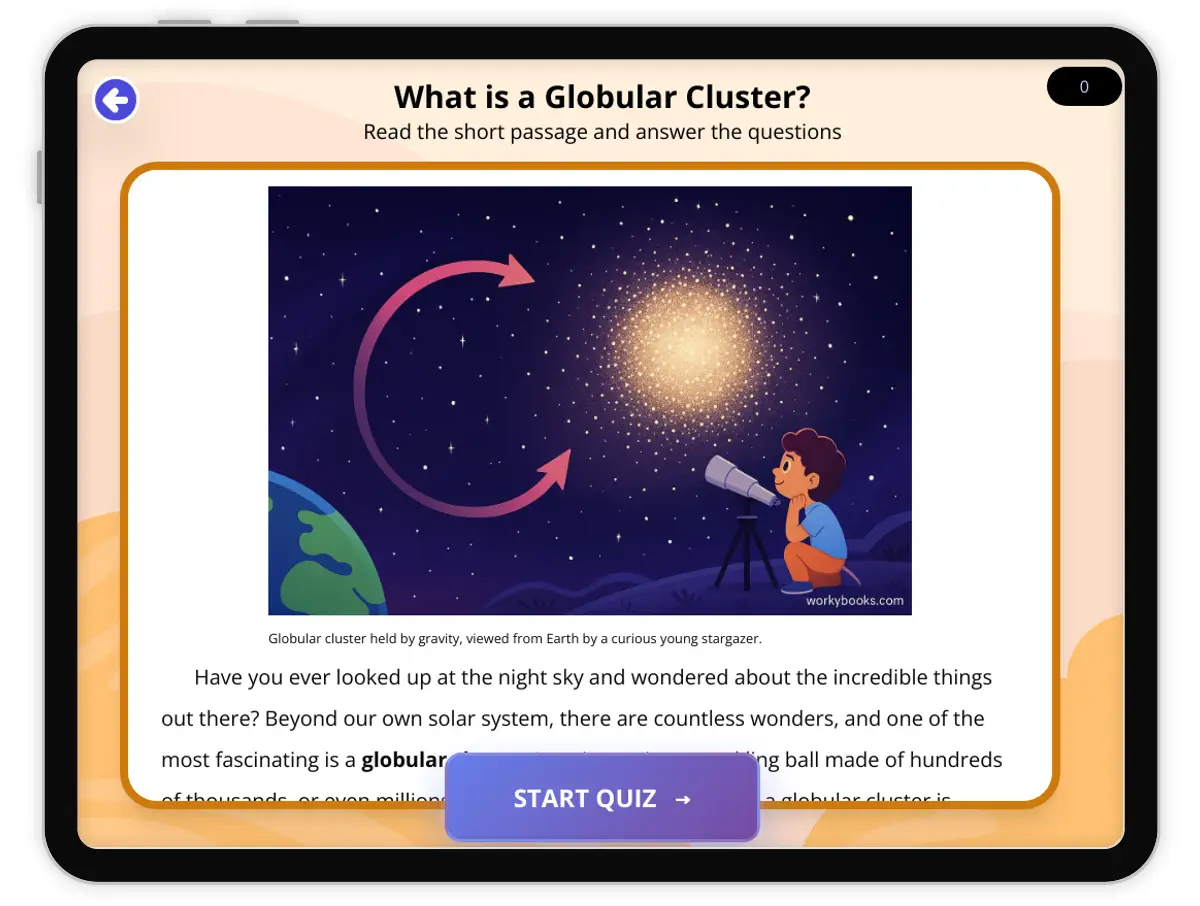 Interactive — Reading Comprehension preview: What is a Globular Cluster? covering  standards - Page 1 of 1
