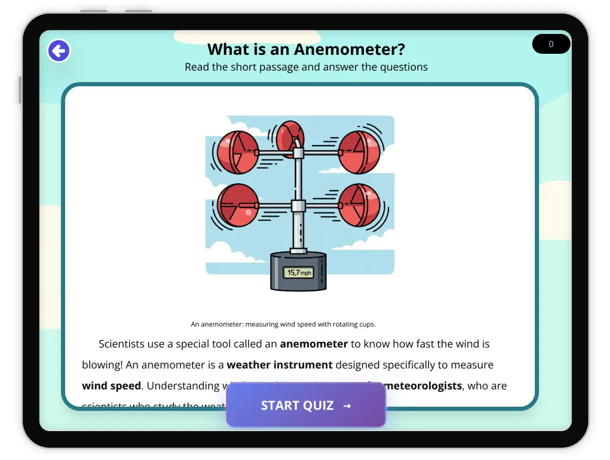 Interactive — Reading Comprehension preview: What is an Anemometer? covering  standards - Page 1 of 1