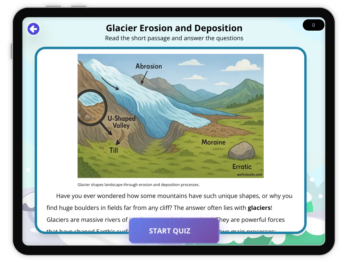 Interactive — Reading Comprehension preview: Glacier Erosion and Deposition covering  standards - Page 1 of 1