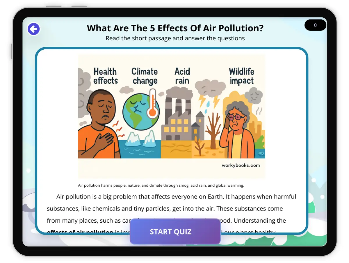 Interactive — Reading Comprehension preview: What Are The 5 Effects Of Air Pollution? covering  standards - Page 1 of 1