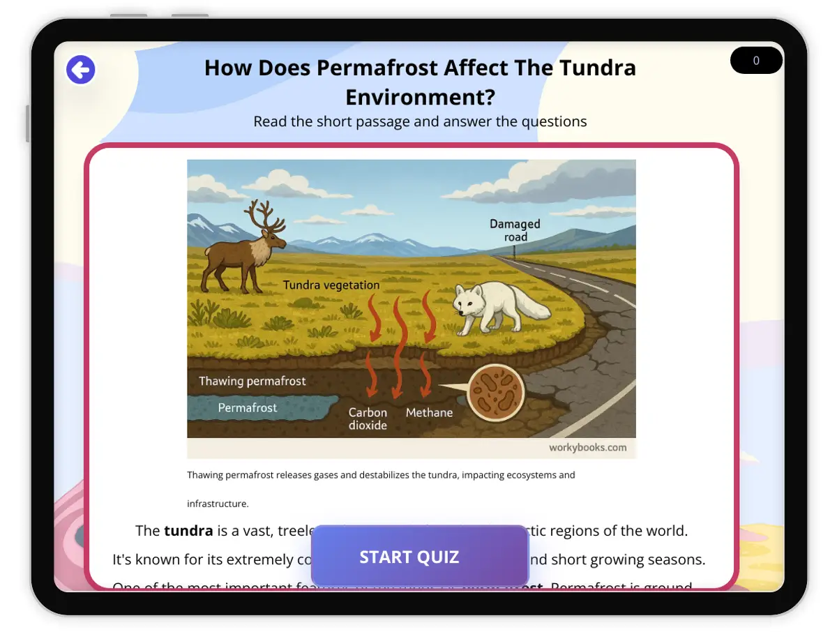 Interactive — Reading Comprehension preview: How Does Permafrost Affect The Tundra Environment? covering  standards - Page 1 of 1