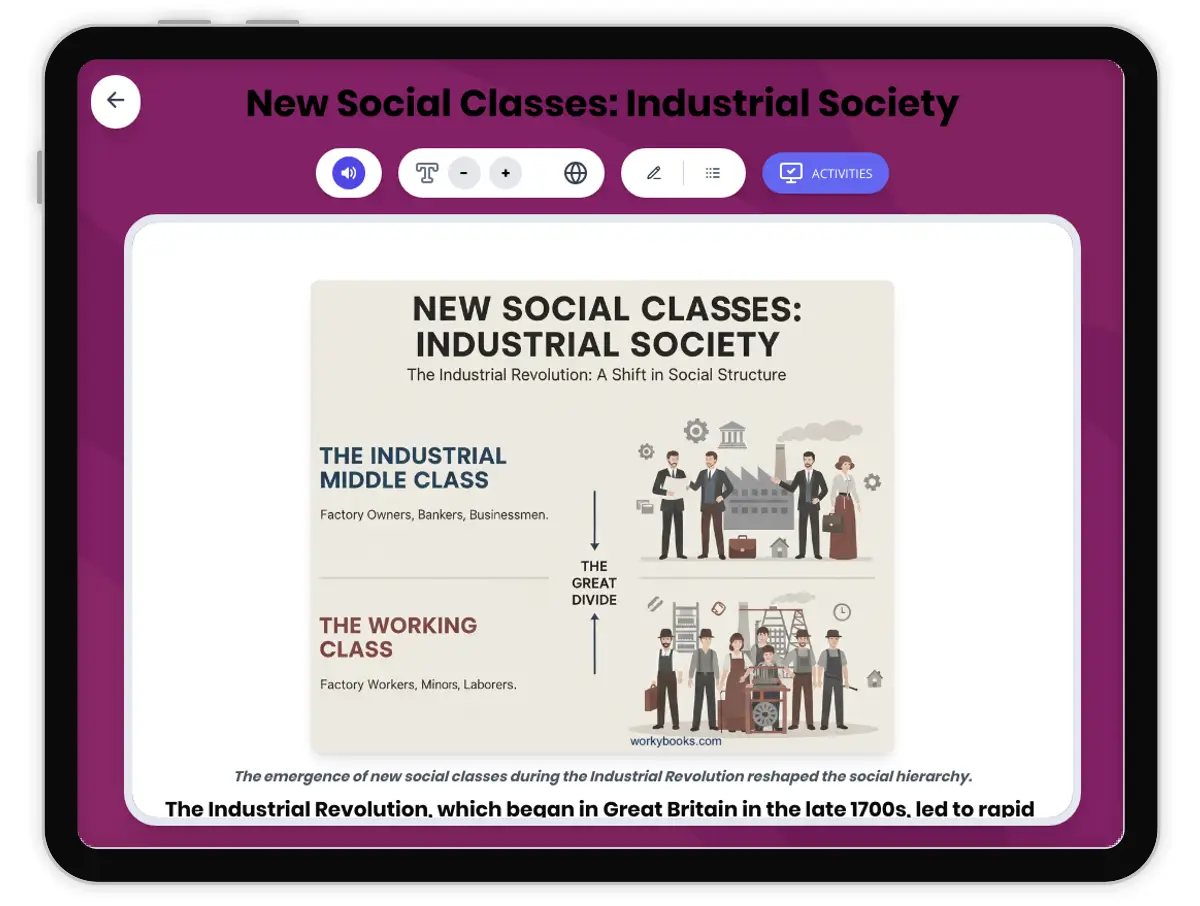 Interactive — Reading Comprehension preview: New Social Classes: Industrial Society covering  standards - Page 1 of 1