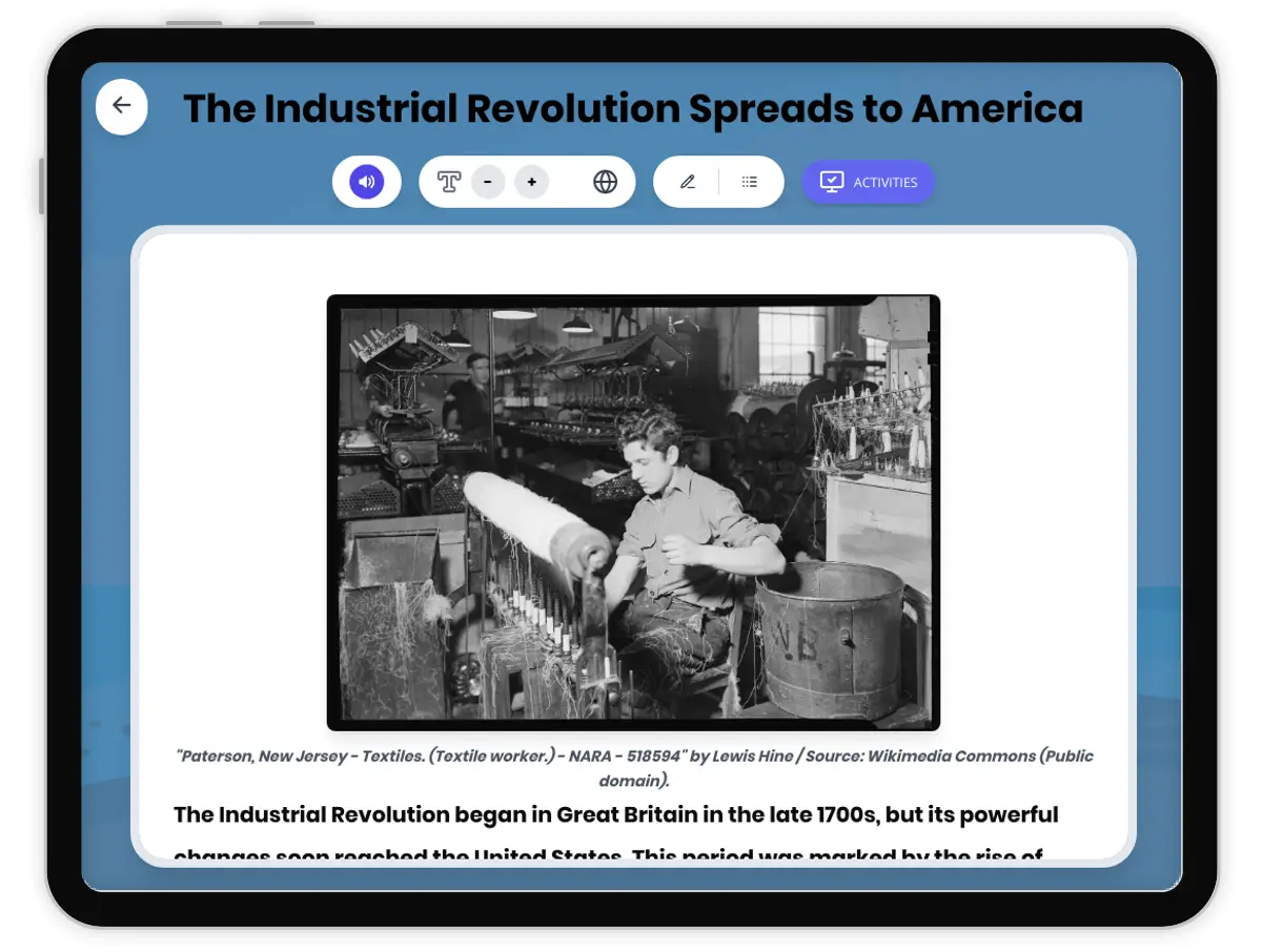 Interactive — Reading Comprehension preview: The Industrial Revolution Spreads to America covering  standards - Page 1 of 1