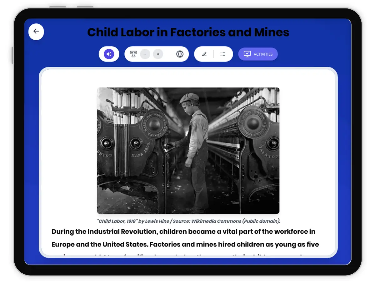 Interactive — Reading Comprehension preview: Child Labor in Factories and Mines covering  standards - Page 1 of 1