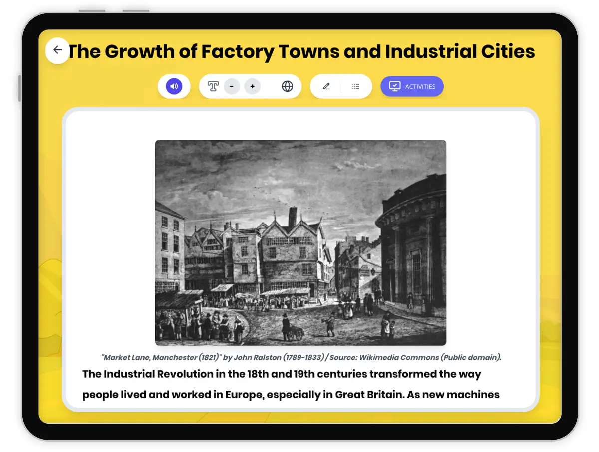 Interactive — Reading Comprehension preview: The Growth of Factory Towns and Industrial Cities covering  standards - Page 1 of 1