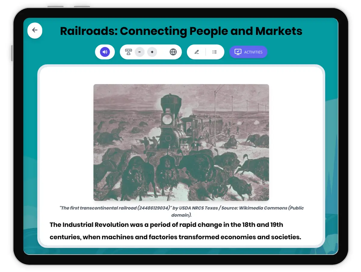Interactive — Reading Comprehension preview: Railroads: Connecting People and Markets covering  standards - Page 1 of 1