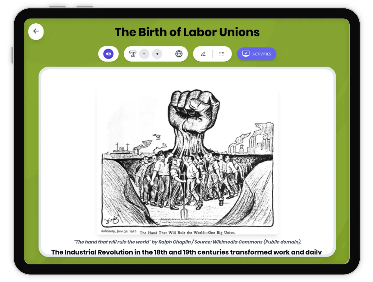 Interactive — Reading Comprehension preview: The Birth of Labor Unions covering  standards - Page 1 of 1