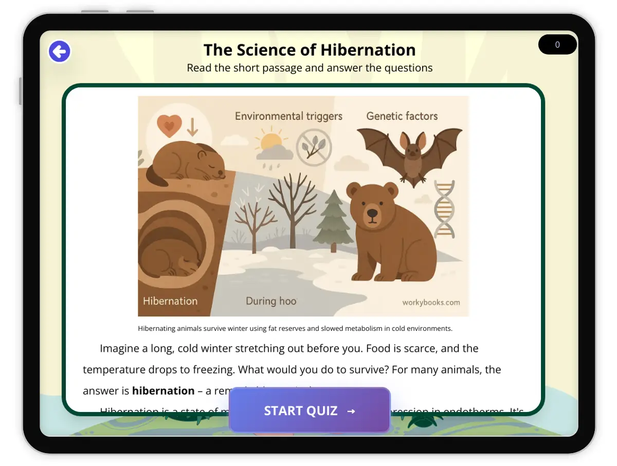 Interactive — Reading Comprehension preview: The Science of Hibernation covering  standards - Page 1 of 1