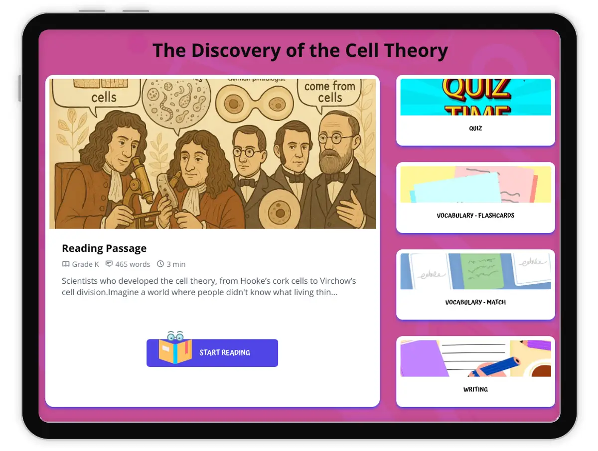 Interactive — Reading Comprehension preview: The Discovery of the Cell Theory covering  standards - Page 1 of 1