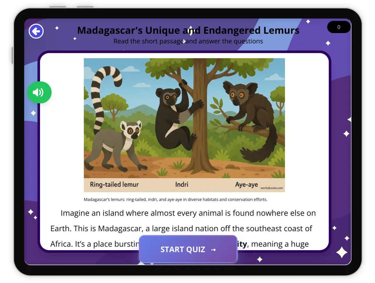 Interactive — Reading Comprehension preview: Madagascar's Unique and Endangered Lemurs covering  standards - Page 1 of 1