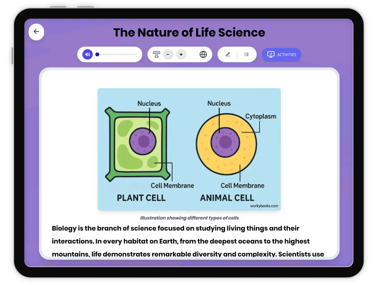Interactive — Reading Comprehension preview: The Nature of Life Science covering MS-LS1-1 standards - Page 1 of 1