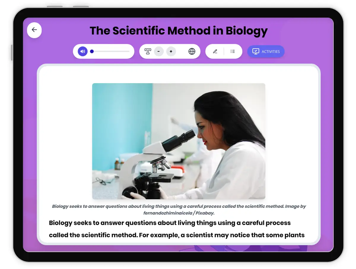 Interactive — Reading Comprehension preview: The Scientific Method in Biology covering MS-LS1-1 standards - Page 1 of 1