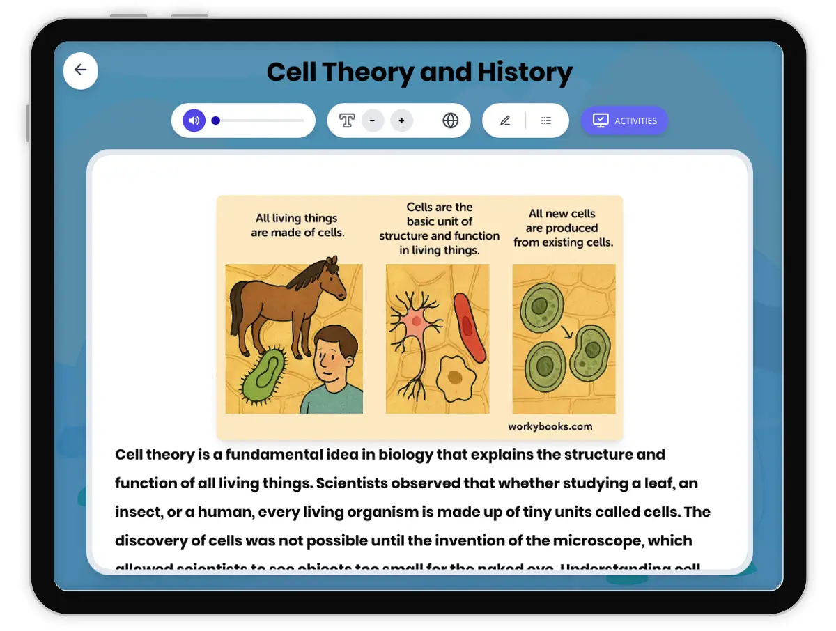 Interactive — Reading Comprehension preview: Cell Theory and History covering MS-LS1-1 standards - Page 1 of 1