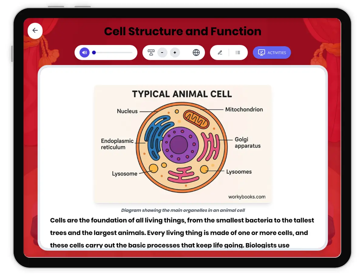 Interactive — Reading Comprehension preview: Cell Structure and Function covering MS-LS1-1, MS-LS1-2 standards - Page 1 of 1