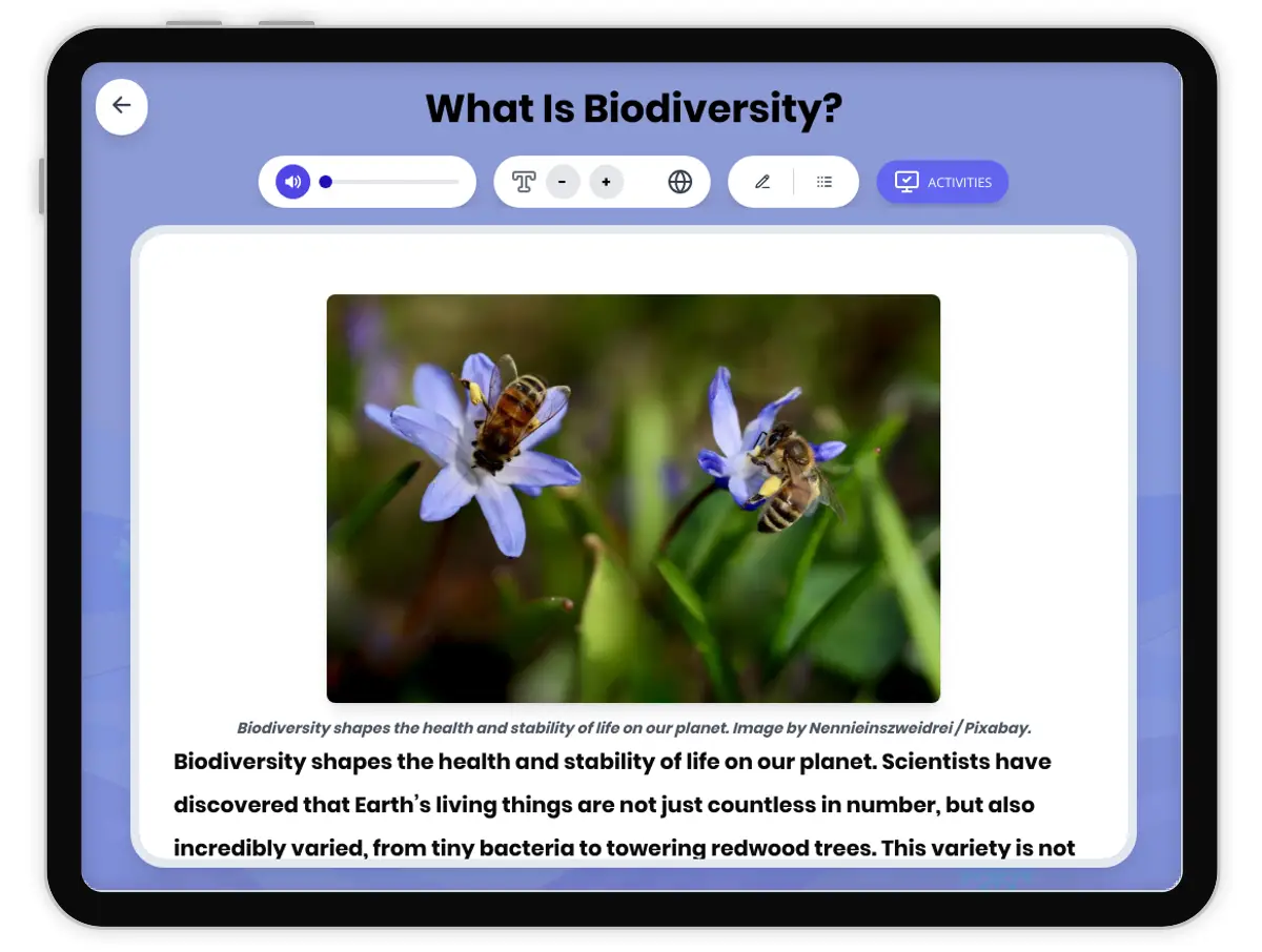Interactive — Reading Comprehension preview: What Is Biodiversity? covering MS-LS2-5, MS-LS4-4 standards - Page 1 of 1