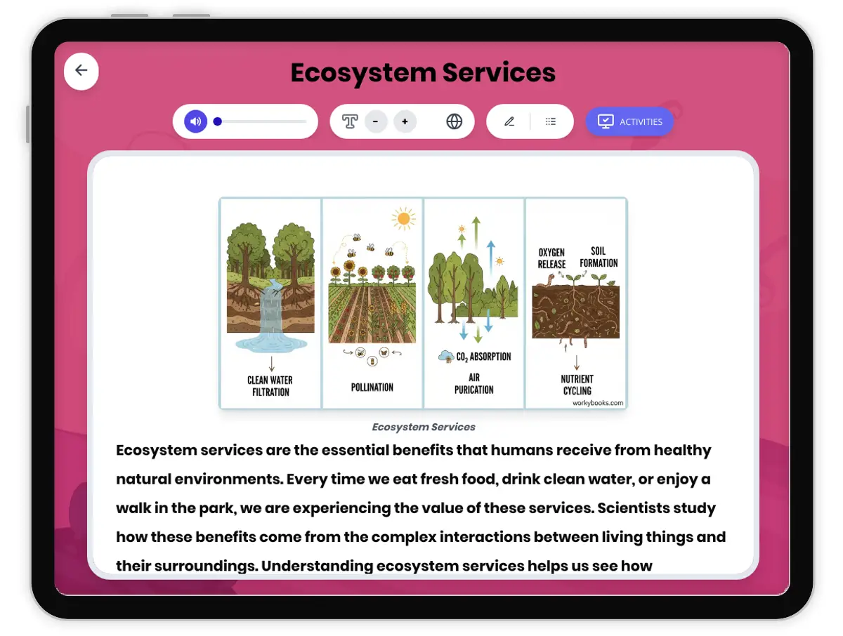 Interactive — Reading Comprehension preview: Ecosystem Services covering MS-LS2-5, MS-ESS3-3 standards - Page 1 of 1