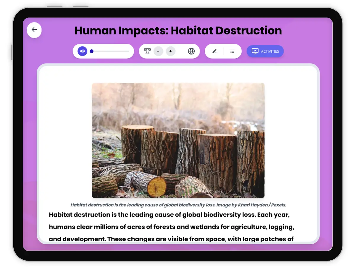 Interactive — Reading Comprehension preview: Human Impacts: Habitat Destruction covering MS-LS2-4, MS-LS2-5, MS-ESS3-3 standards - Page 1 of 1